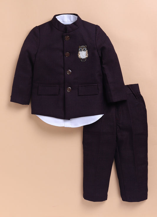 Terry Cotton Woven Full Sleeves Owl Embroidered Prince Coat Pant With Shirt Party Suit Set- Maroon