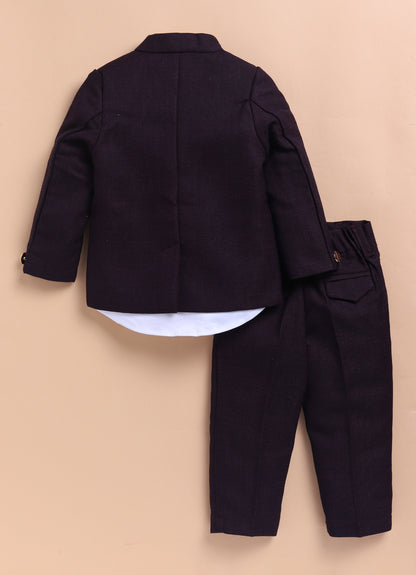 Terry Cotton Woven Full Sleeves Owl Embroidered Prince Coat Pant With Shirt Party Suit Set- Maroon