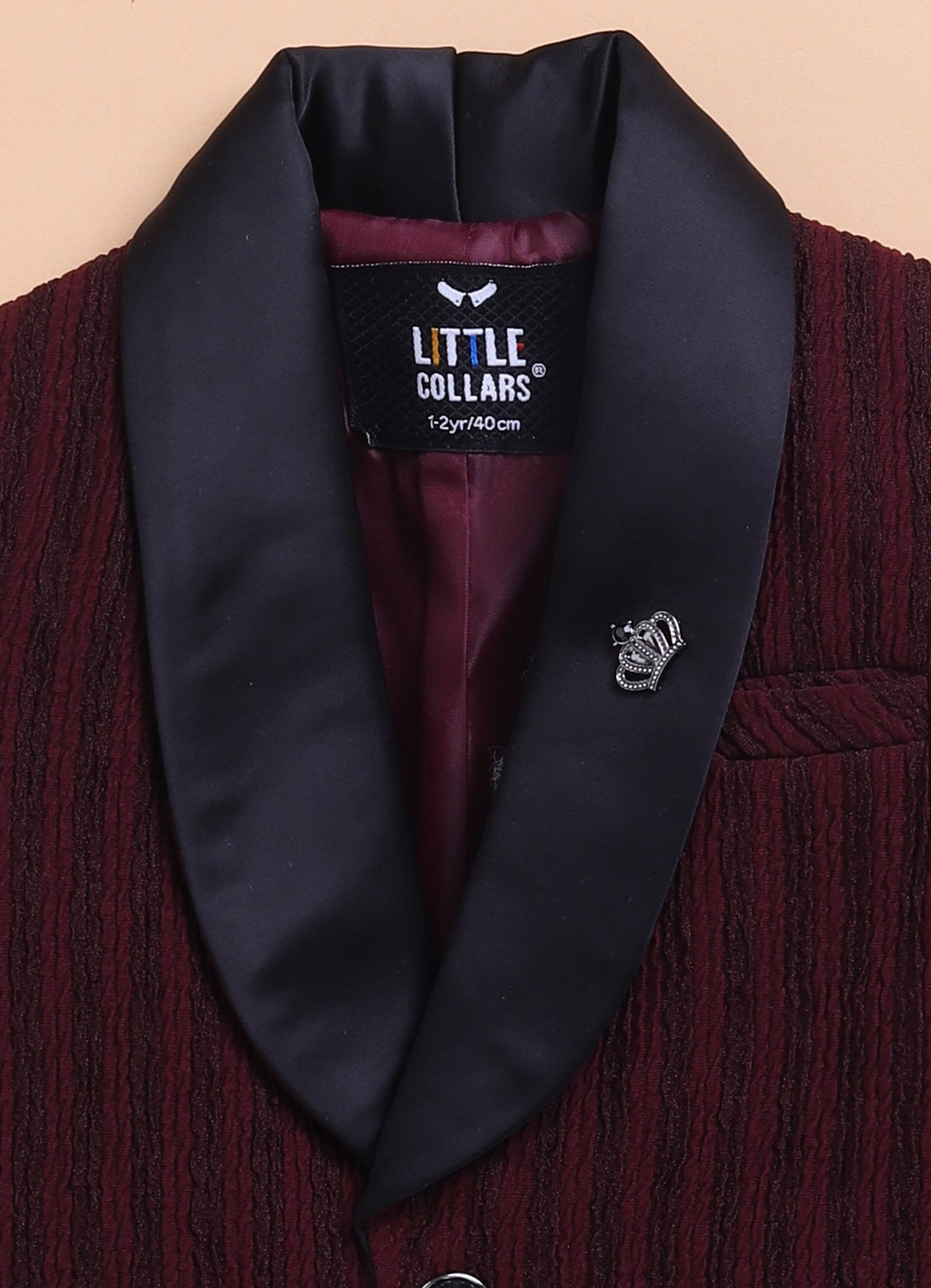 Blended Jacquard Woven Full Sleeves Striped Coat Pant with Tuxedo Shirt Bow and Brooch Formal Coat Set- Maroon