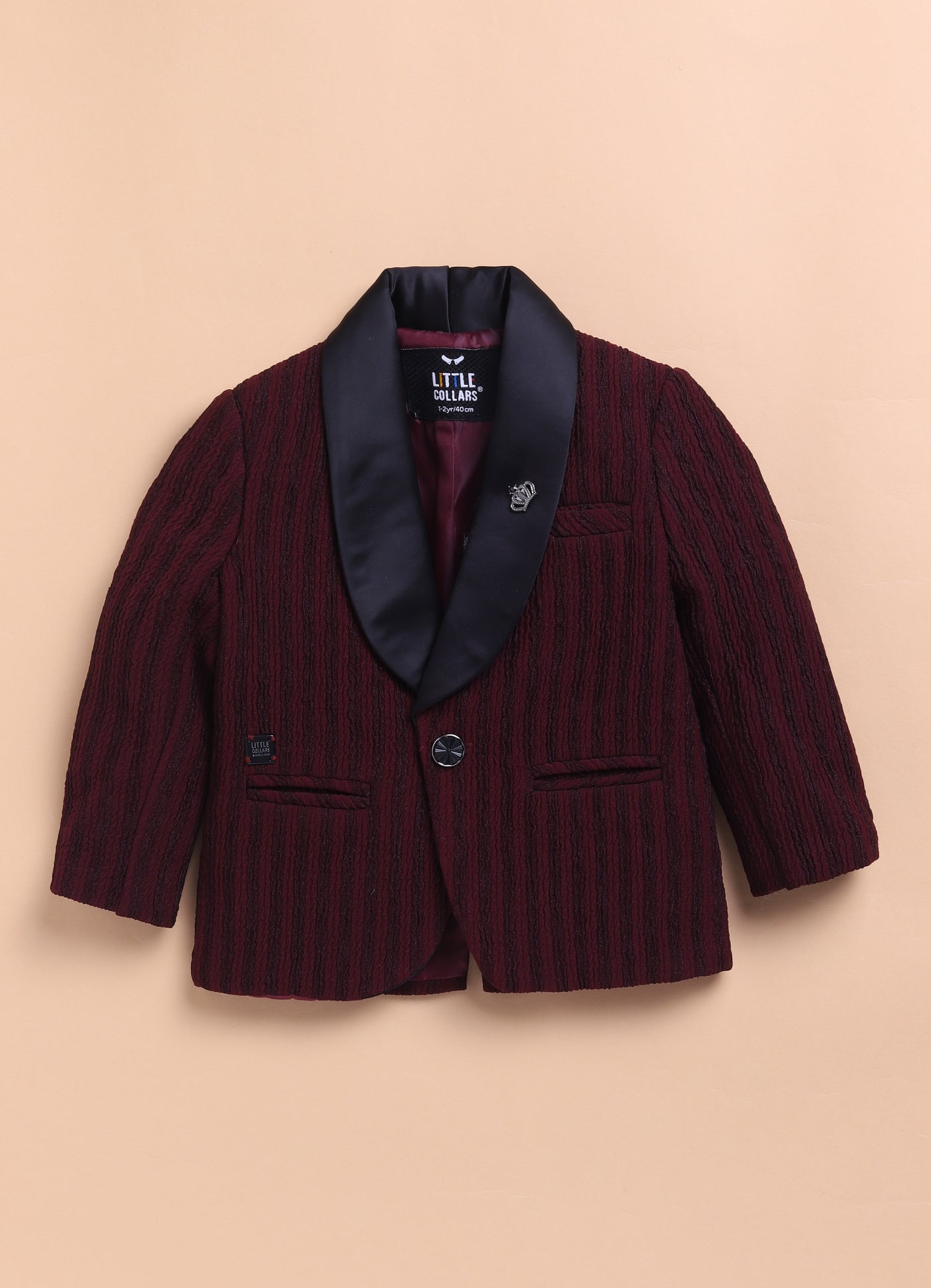 Blended Jacquard Woven Full Sleeves Striped Coat Pant with Tuxedo Shirt Bow and Brooch Formal Coat Set- Maroon