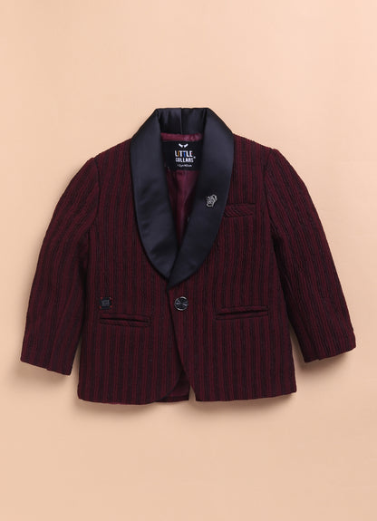 Blended Jacquard Woven Full Sleeves Striped Coat Pant with Tuxedo Shirt Bow and Brooch Formal Coat Set- Maroon