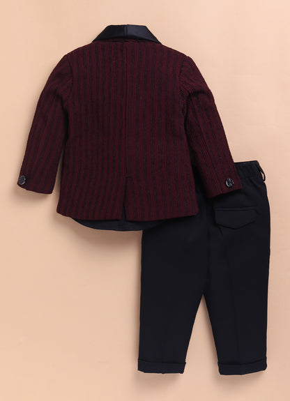 Blended Jacquard Woven Full Sleeves Striped Coat Pant with Tuxedo Shirt Bow and Brooch Formal Coat Set- Maroon