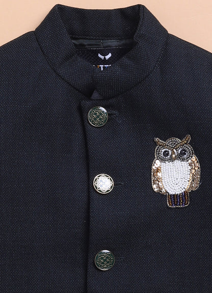 Terry Cotton Woven Full Sleeves Owl Embroidered Prince Coat Pant With Shirt Party Suit Set- Green