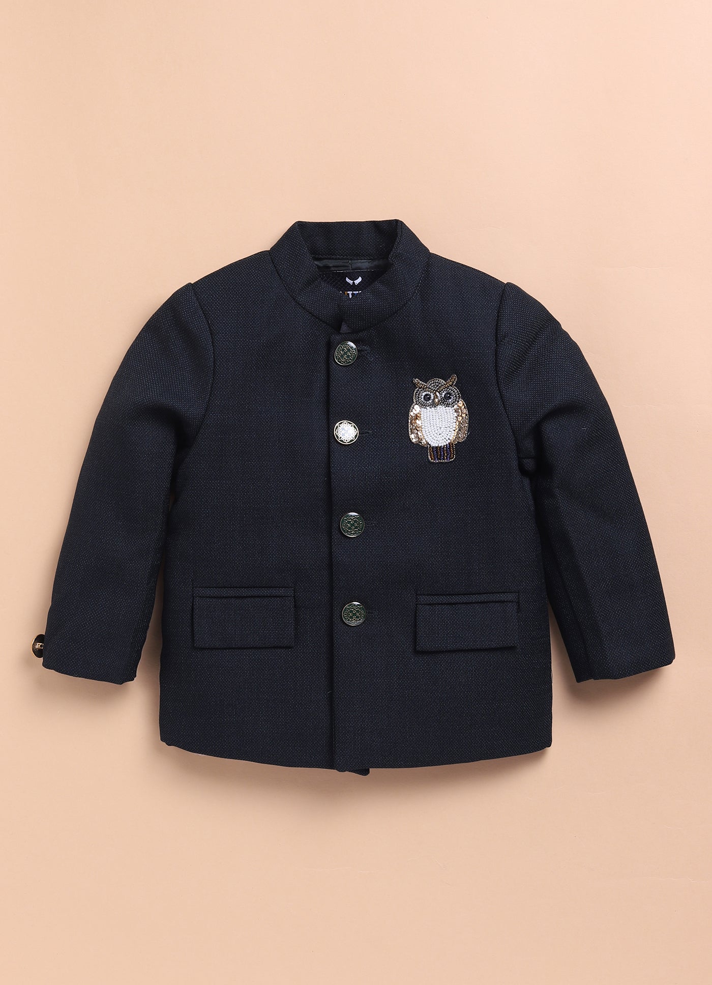 Terry Cotton Woven Full Sleeves Owl Embroidered Prince Coat Pant With Shirt Party Suit Set- Green