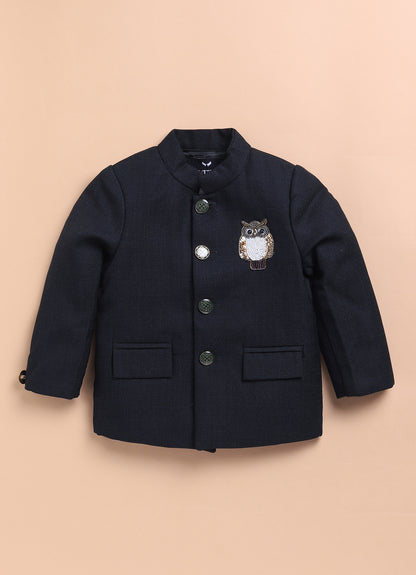 Terry Cotton Woven Full Sleeves Owl Embroidered Prince Coat Pant With Shirt Party Suit Set- Green
