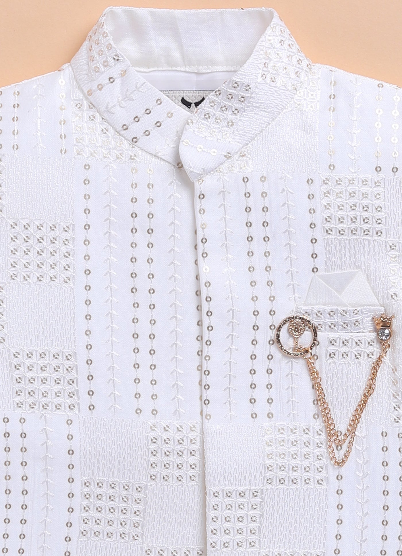 Blended Silk Embellished and Embroidered Woven Full Sleeves Pack of 4 Kurta Dhoti with open Nehru Jacket and Brooch Pin Ethnic Set- Off White