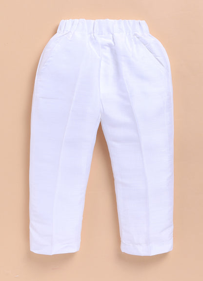 Blended Silk Woven Full Sleeves Sequins Embellished and Embroidered Achkan Pajama Pants with Brooch Partywear Set - White