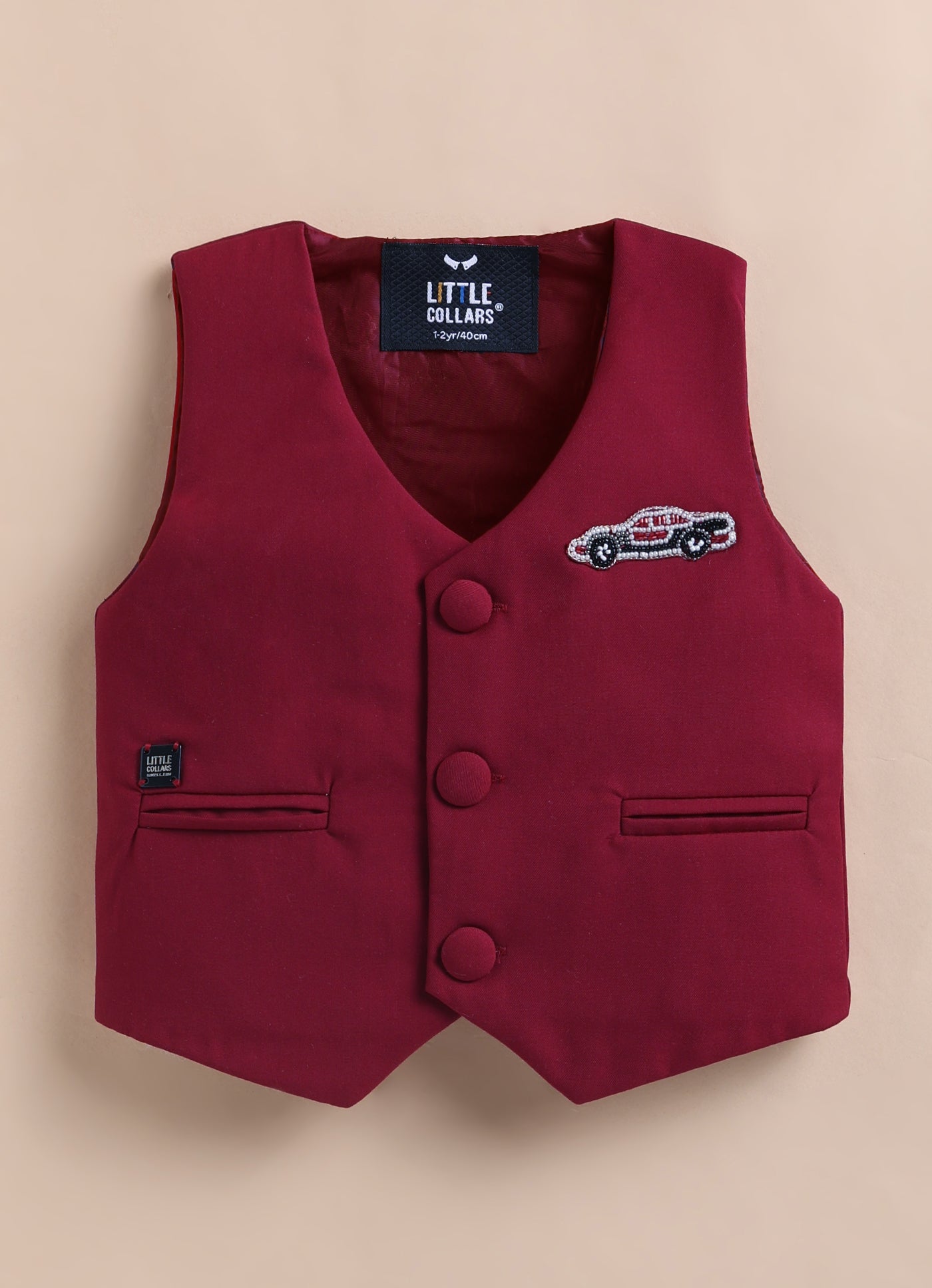 Birthday Boy Car Embellished Solid Full Sleeves Waistcoat Pant, Shirt and Bow Partywear Set-  Red