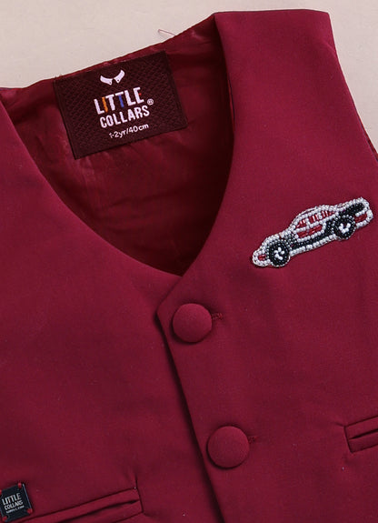 Birthday Boy Car Embellished Solid Full Sleeves Waistcoat Pant, Shirt and Bow Partywear Set-  Red