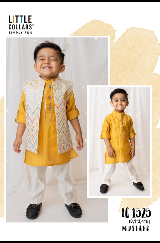 LITTLE COLLARS Cotton Silk Full Sleeves Sequins & Lace Embellished Threadwork Embroidered Kurta Pyjama With Jacket Set - Mustard