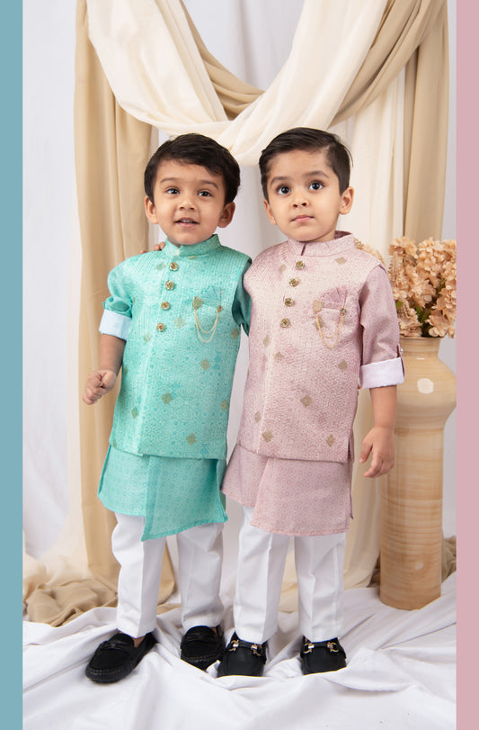 Pink Boys Festive Embroidered and Sequined Pastel Ethnic Nehru Jacket Full Sleeves Kurta Pajama Set