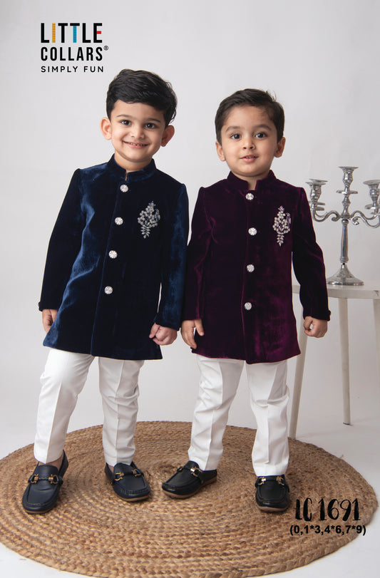 Suede Velvet Woven Full Sleeves Hand Embellished Motiwork Motif  Design Sherwani Prince Coat Ethnic Wear Set - Navy