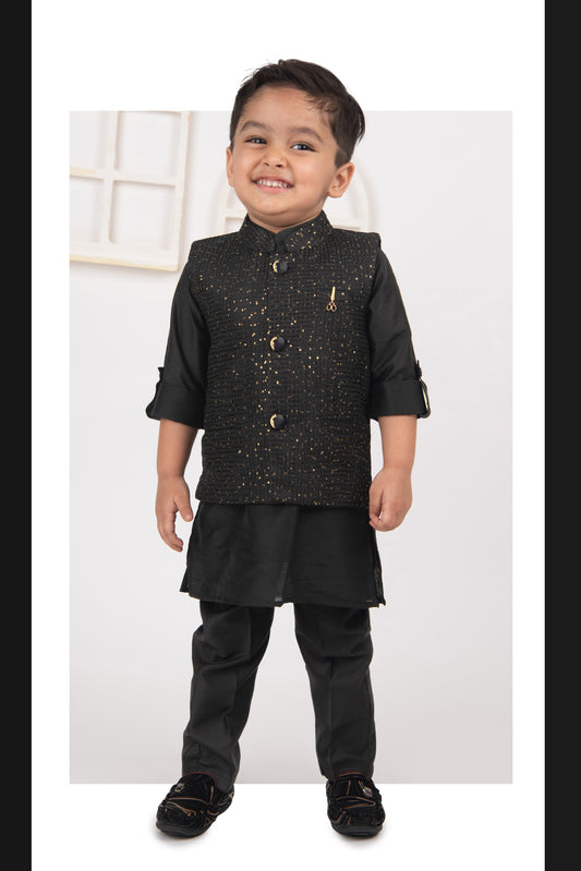 Boys Woven  Embellished Jacket, Kurta and Pajama with Brooch Wedding Wear Ethnic Set- Black