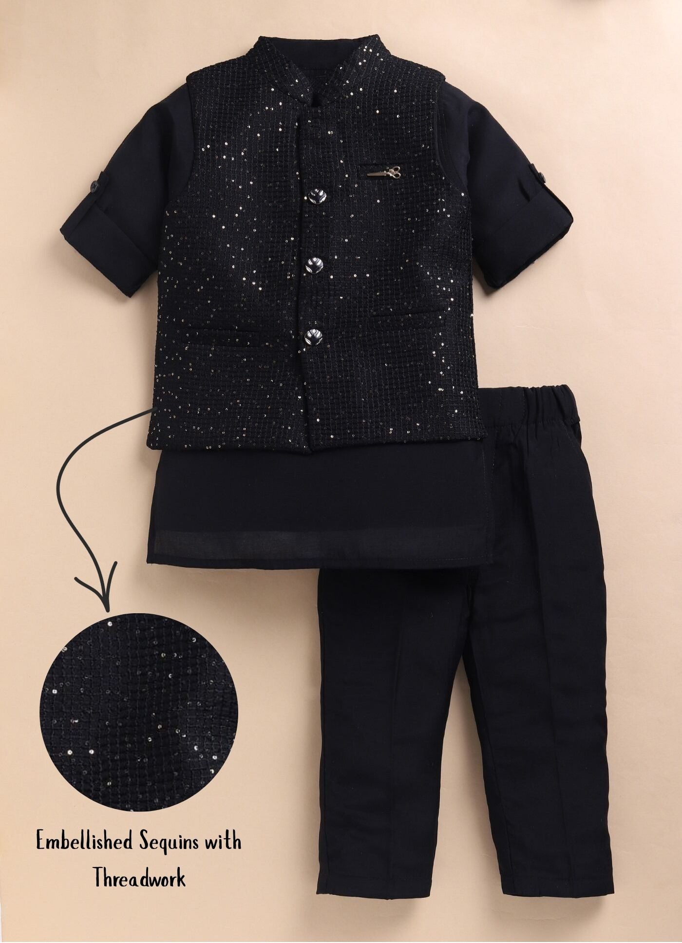 Boys Woven  Embellished Jacket, Kurta and Pajama with Brooch Wedding Wear Ethnic Set- Black