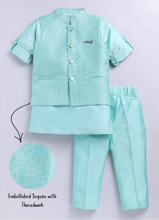 Boys Woven  Embellished Jacket, Kurta and Pajama with Brooch Wedding Wear Ethnic Set- Green