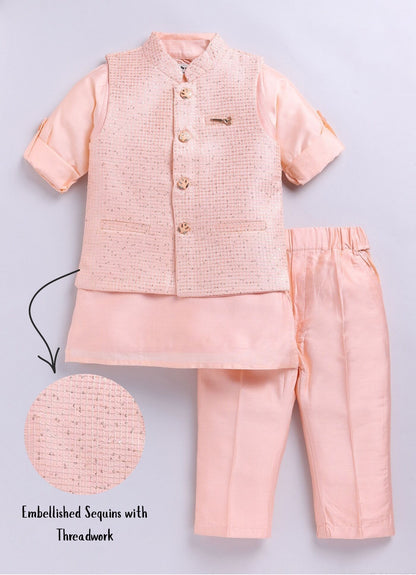 Boys Woven  Embellished Jacket, Kurta and Pajama with Brooch Wedding Wear Ethnic Set- Peach