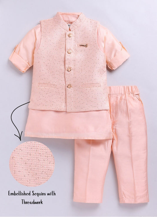 Boys Woven  Embellished Jacket, Kurta and Pajama with Brooch Wedding Wear Ethnic Set- Peach