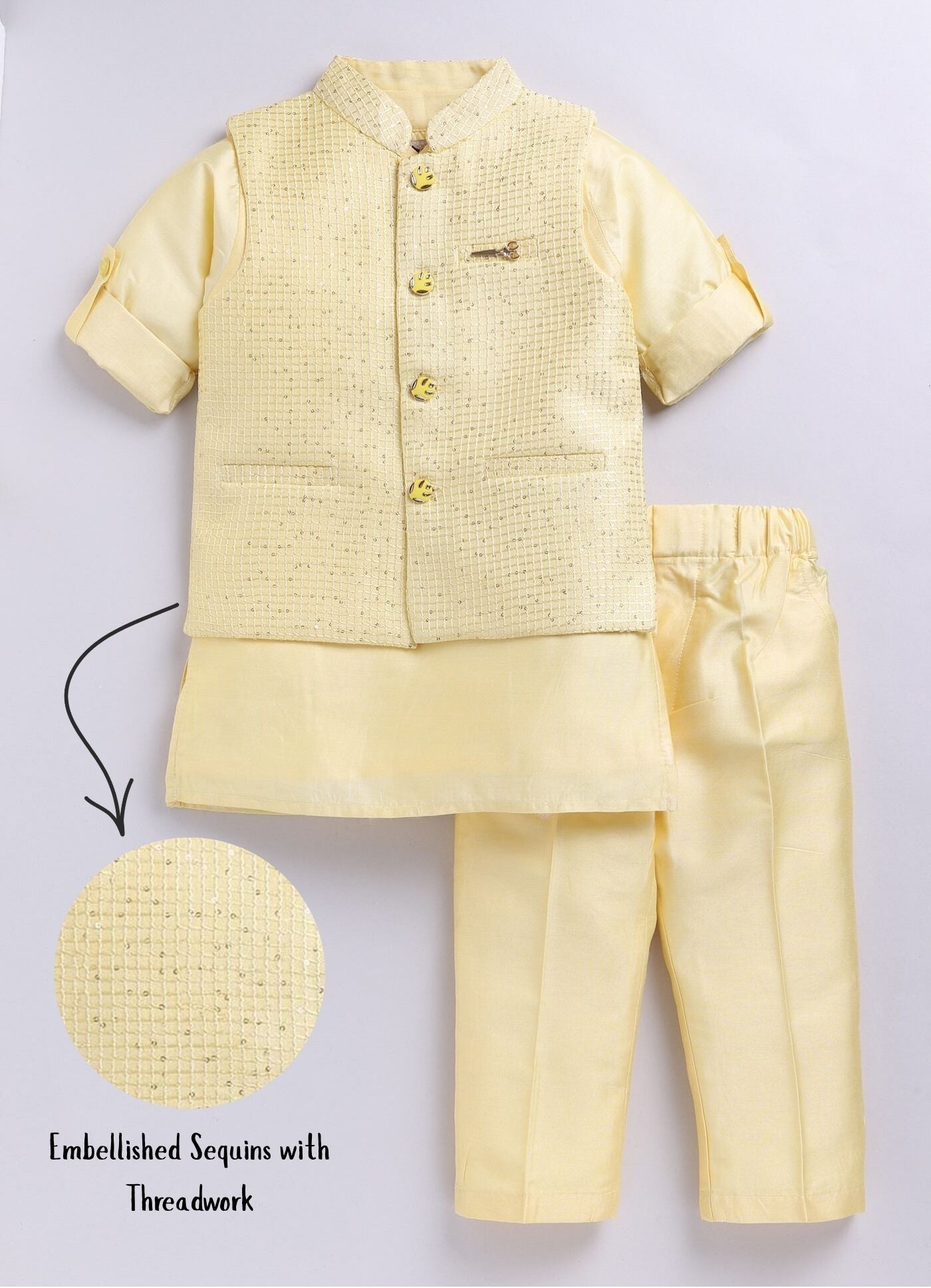 Boys Woven  Embellished Jacket, Kurta and Pajama with Brooch Wedding Wear Ethnic Set- Yellow
