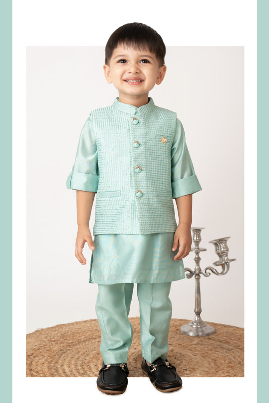 Boys Woven  Embellished Jacket, Kurta and Pajama with Brooch Wedding Wear Ethnic Set- Green