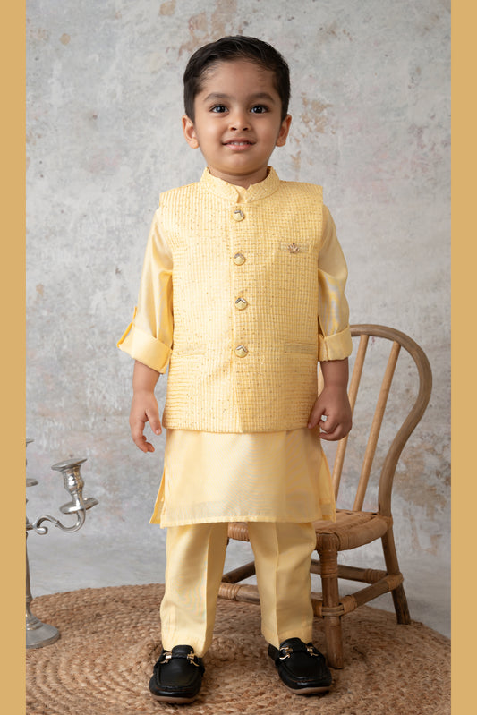 Boys Woven  Embellished Jacket, Kurta and Pajama with Brooch Wedding Wear Ethnic Set- Yellow