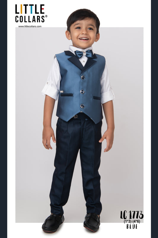 Little Collars Terry Rayon Woven Waistcoat Jacket Pant & Full Sleeves Shirt with & Bow Formal Partywear Jacket Set- Blue