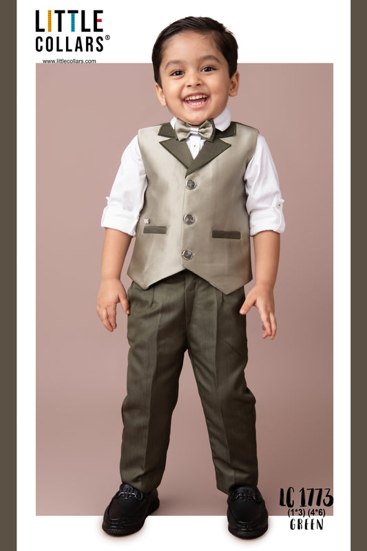 Little Collars Terry Rayon Woven Waistcoat Jacket Pant & Full Sleeves Shirt with & Bow Formal Partywear Jacket Set- Green