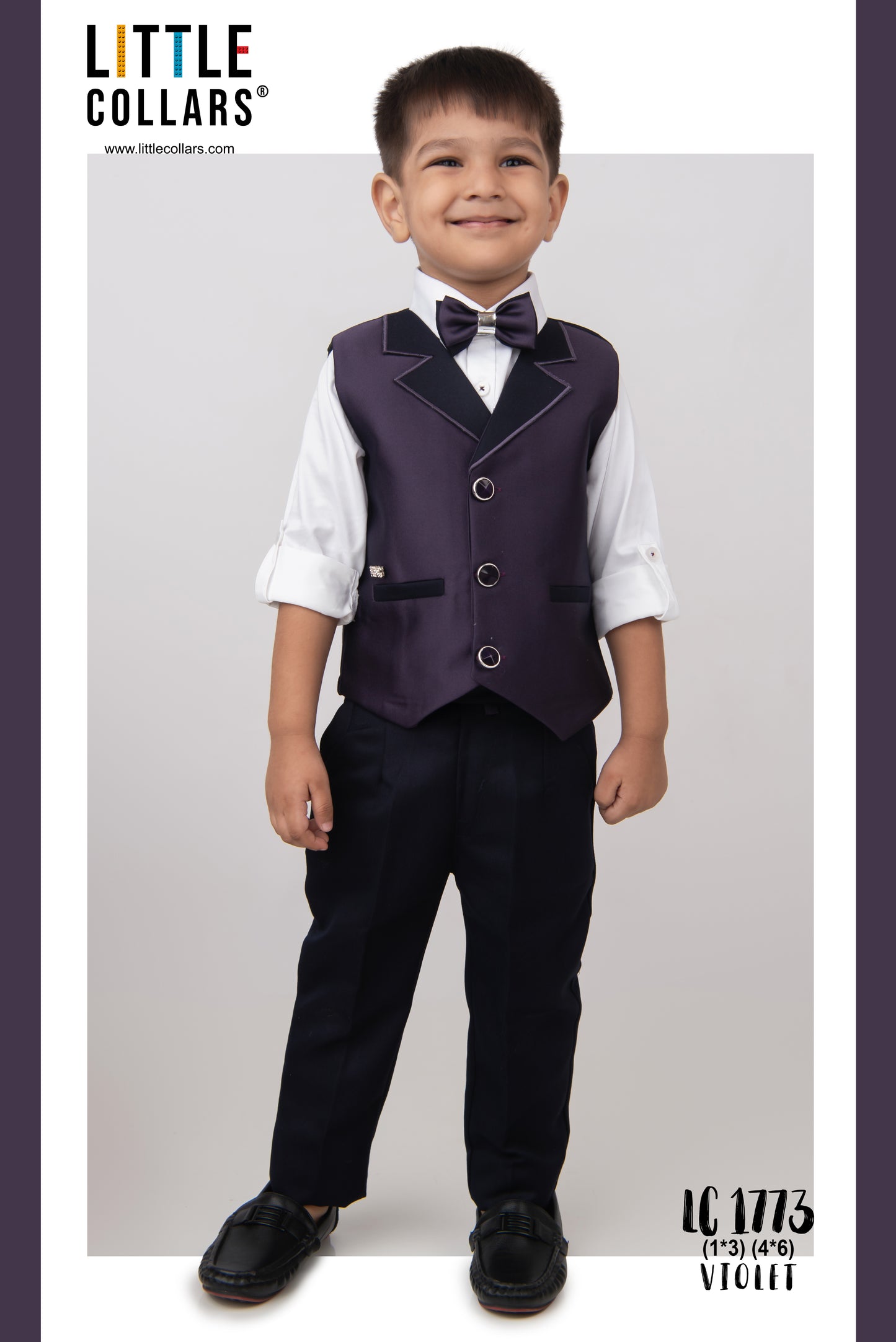 Little Collars Terry Rayon Woven Waistcoat Jacket Pant & Full Sleeves Shirt with & Bow Formal Partywear Jacket Set- Violet