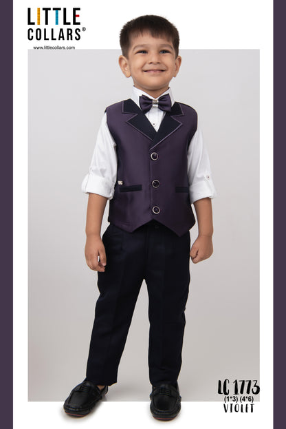 Little Collars Terry Rayon Woven Waistcoat Jacket Pant & Full Sleeves Shirt with & Bow Formal Partywear Jacket Set- Violet