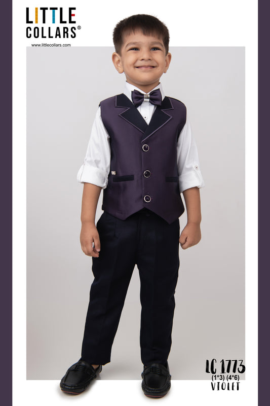 Little Collars Terry Rayon Woven Waistcoat Jacket Pant & Full Sleeves Shirt with & Bow Formal Partywear Jacket Set- Violet