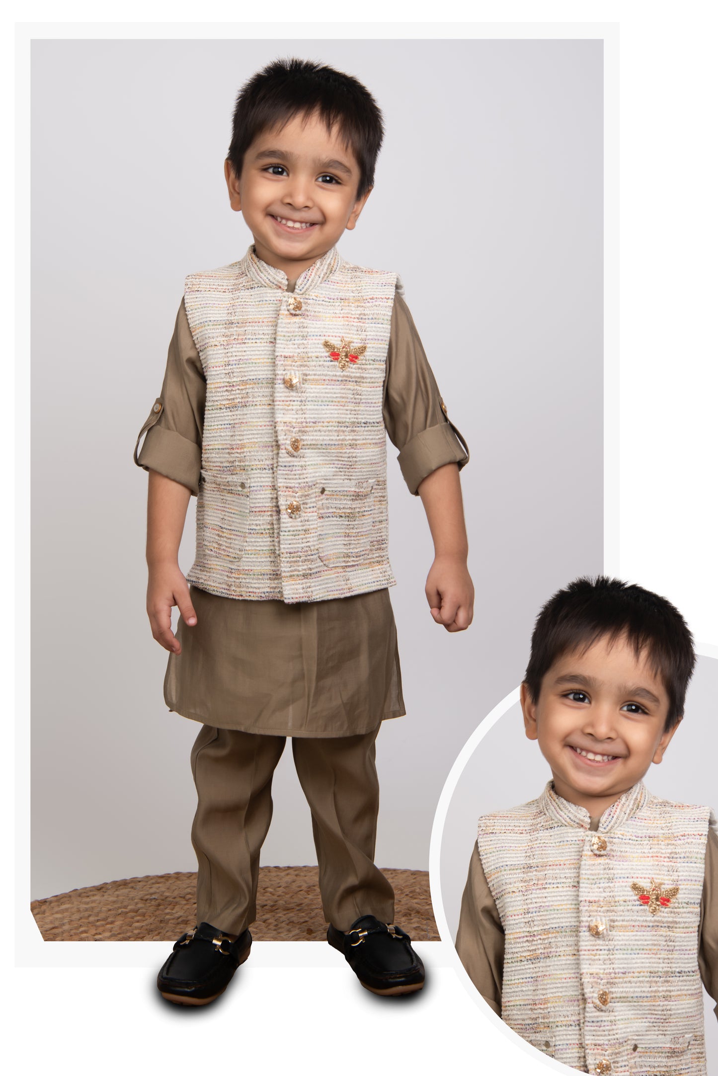 Charming Ethnic Kurta Jacket Set with Insect Embroidery for Boys