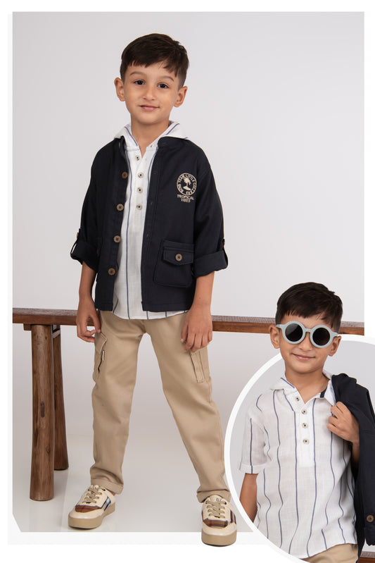 Blue Casual and Stylish Full Sleeves Cotton Blend Washed Shacket with Pants and Striped Half Sleeves Hooded Kurta Shirt