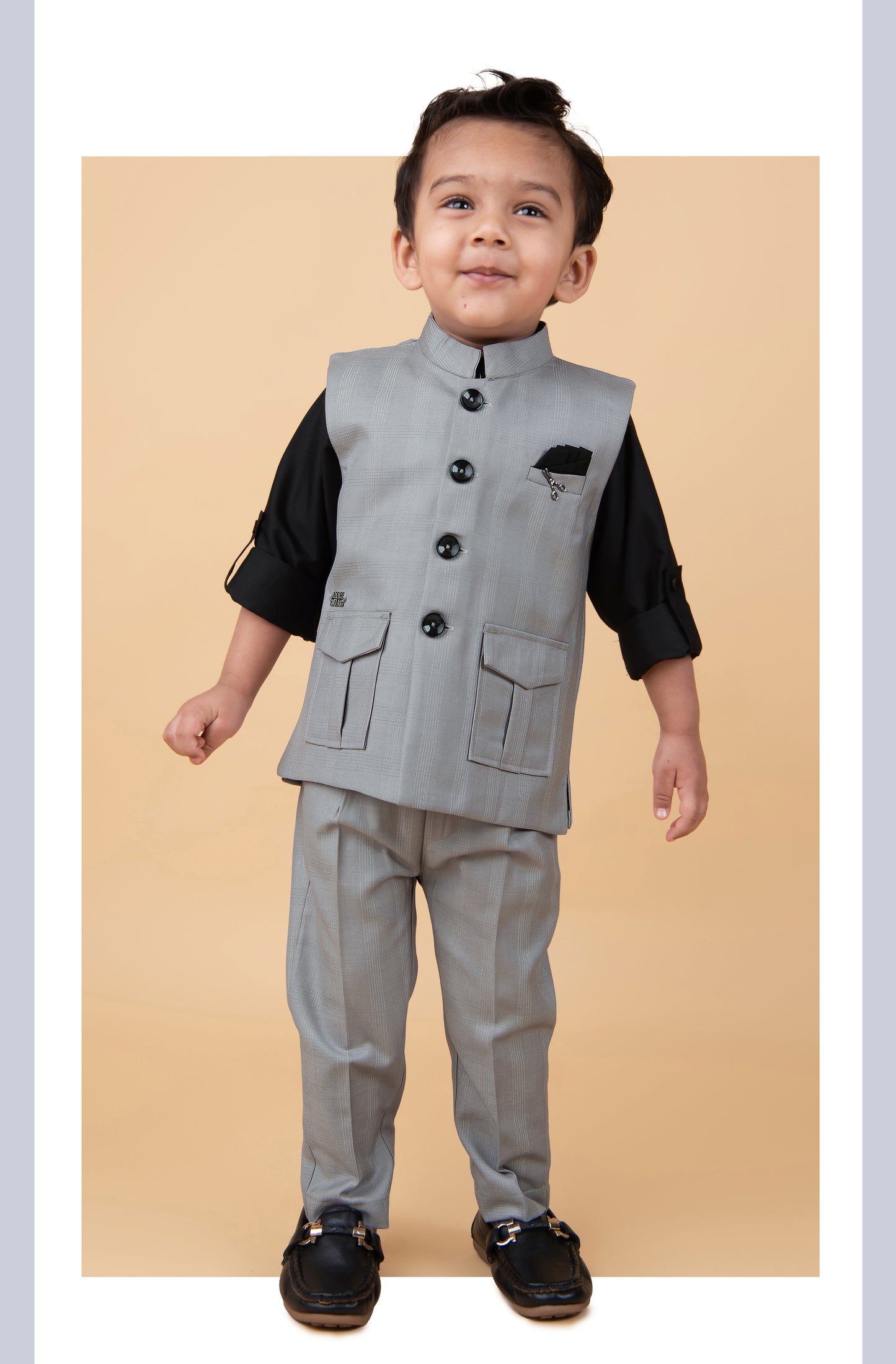 Grey Woven Self Checkered Nehru Jacket Pants Cotton Full Sleeves Shirt Coord Set