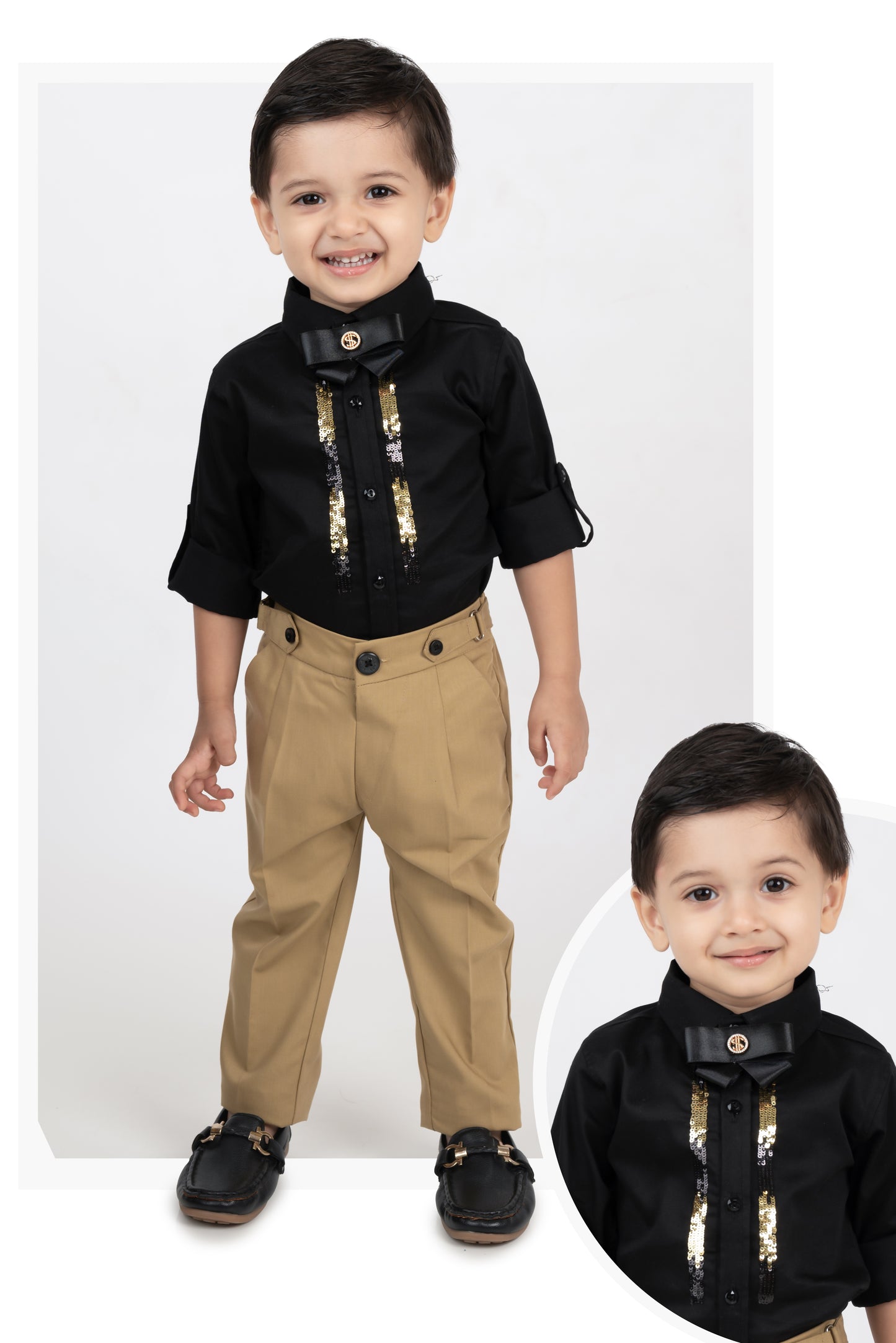 Satin Embellished Formal Partywear Pant Shirt Set with Bow - Black