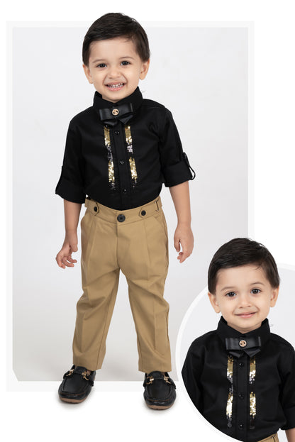 Satin Embellished Formal Partywear Pant Shirt Set with Bow - Black