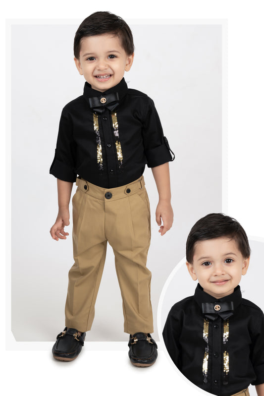 Satin Embellished Formal Partywear Pant Shirt Set with Bow - Black