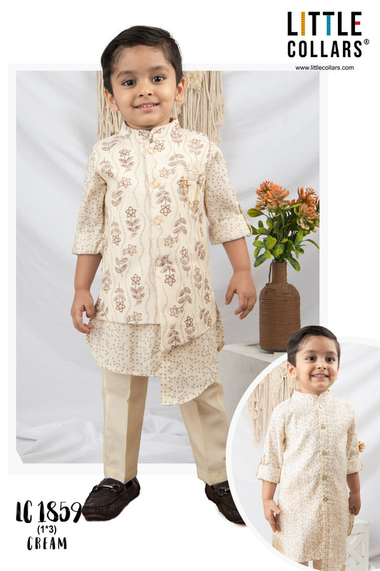 Super Comfortable and Soft Printed Kurta Pajama Jacket Set-Cream