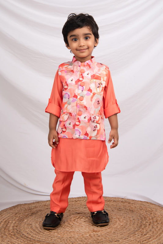Floral Ethnic Kurta Jacket Set for Boys- Peach