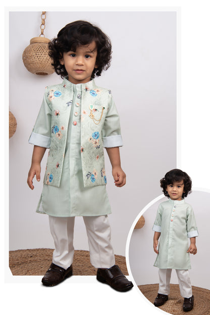 Boys Floral Embroidered Jacket Kurta Set-green