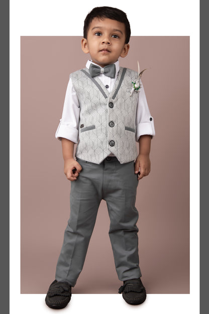 Cotton Blended Jaquard Knitted Waistcoat Jacket Pant & Full Sleeves Shirt with Floral Brooch & Bow Jacket Set- Grey