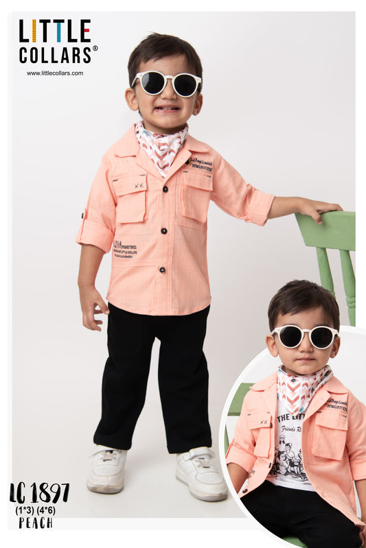 Peach Woven Fun and Comfortable Cotton Casual Solid Full Sleeves Shirt and Pants, Tshirt and Printed Scarf Set