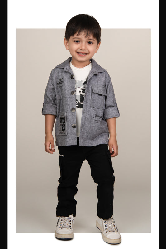 Cotton Woven Full Sleeves Solid Shacket Shirt Pant with Printed T-shirt Casual Set- Black