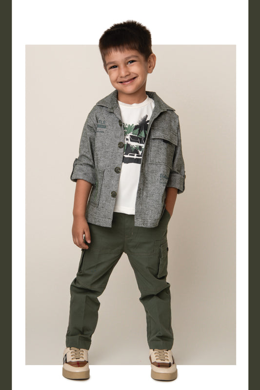 Cotton Woven Full Sleeves Solid Shacket Shirt Pant with Printed T-shirt Casual Set-Olive