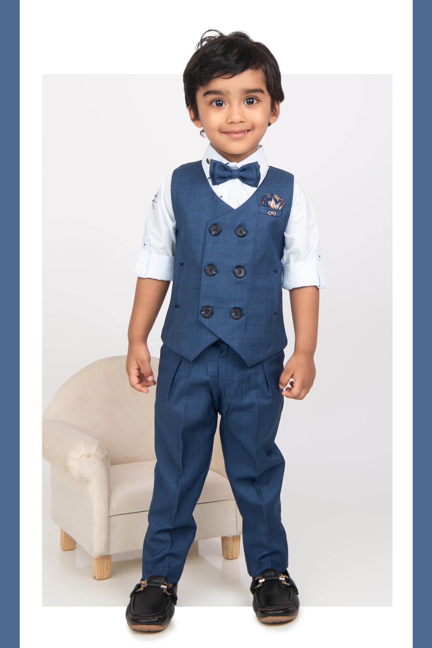 Formal Waistcoat Coord Set with Bow for Boys - Blue