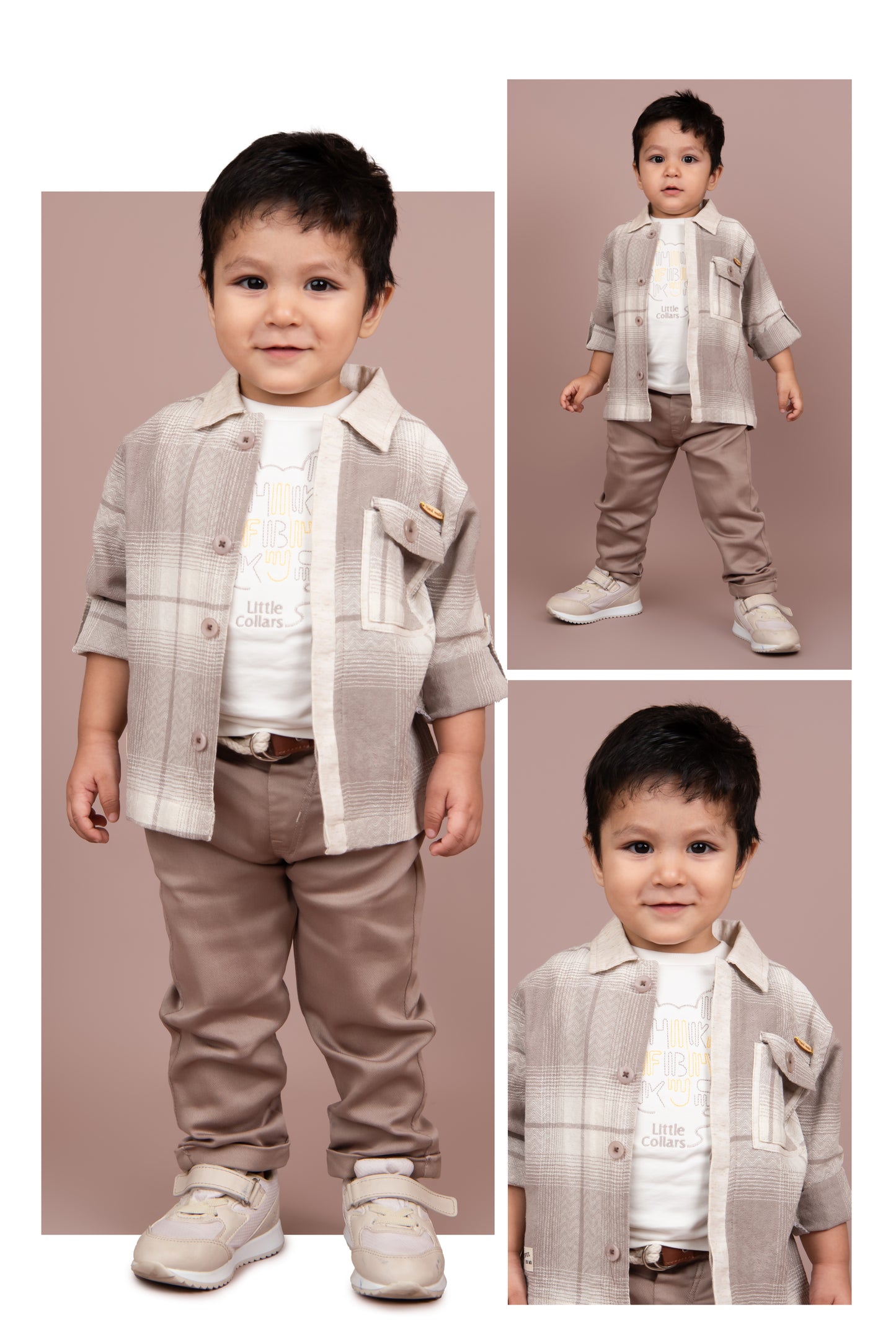 Trendy and Timeless Cotton Checkered Shacket 3 piece Casual Set for Boys- Grey