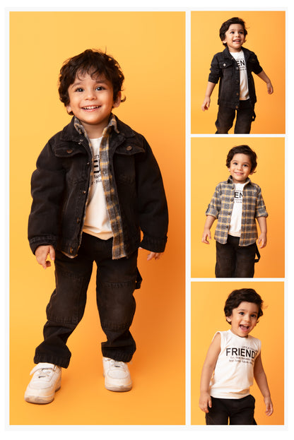 Cotton Denim Woven Full sleeved Washed Jacket with Brushed Checkered Shirt Tshirt and Trousers - Mustard