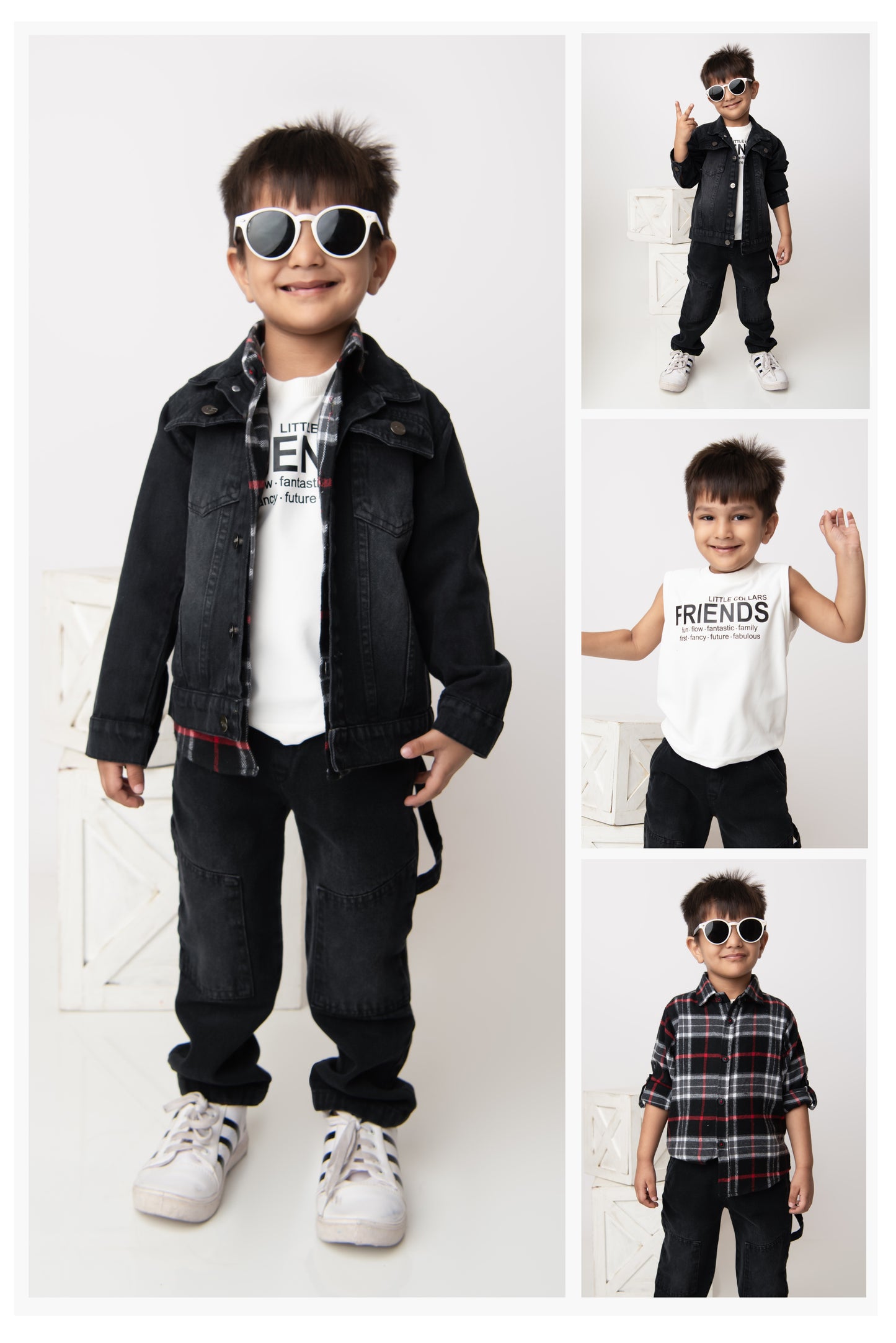 Cotton Denim Woven Full sleeved Washed Jacket with Brushed Checkered Shirt Tshirt and Trousers - Red