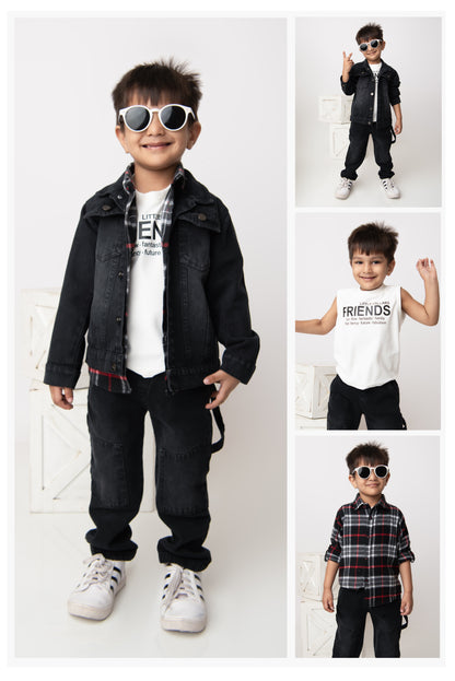 Cotton Denim Woven Full sleeved Washed Jacket with Brushed Checkered Shirt Tshirt and Trousers - Red