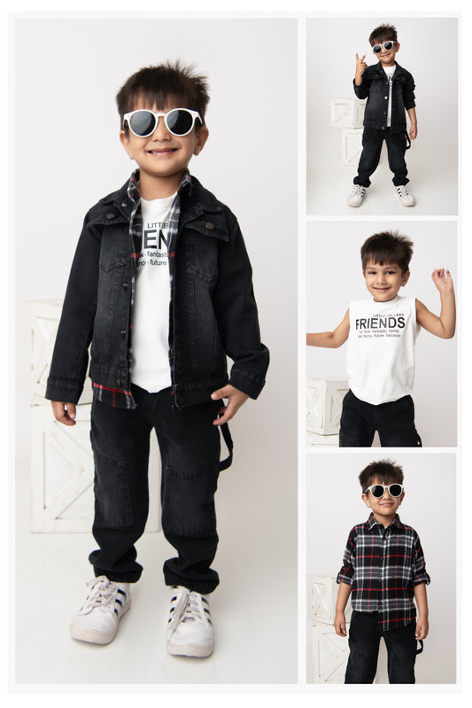 Cotton Denim Woven Full sleeved Washed Jacket with Brushed Checkered Shirt Tshirt and Trousers - Red