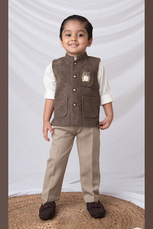 Cotton Blend Full Sleeves Solid Shirt & Pant With Sequins Embellished Owl Designed Waistcoat Set - Coffee