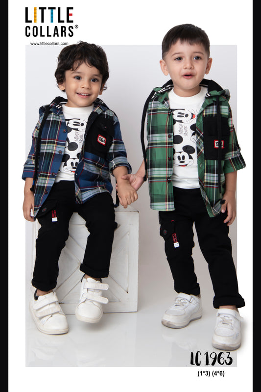 Blue Fashionable and Trendy Checkered Hooded Full Sleeves Shirt, Tshirt, Cargo Pants Casual set